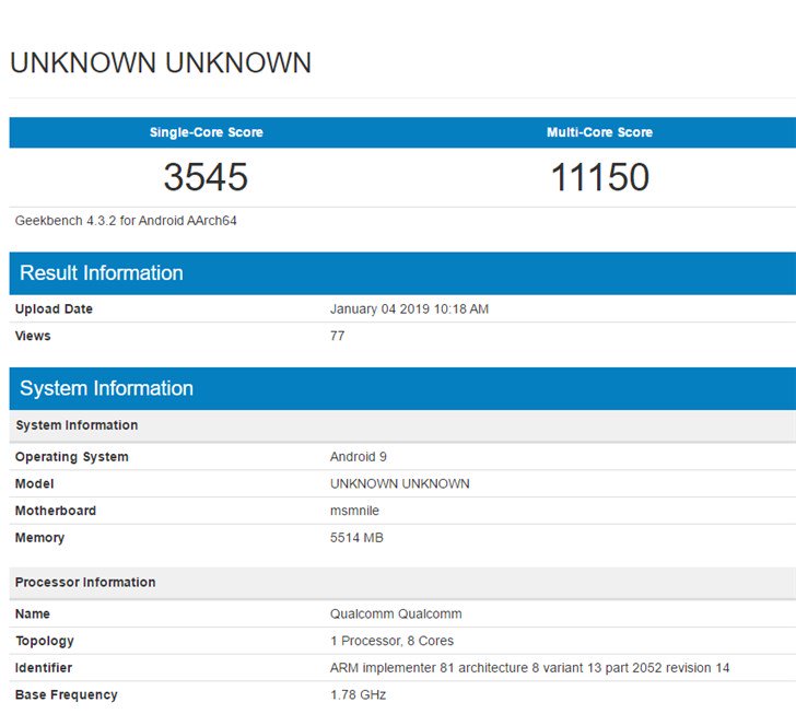 Qualcomm Snapdragon 855 Geekbench Score