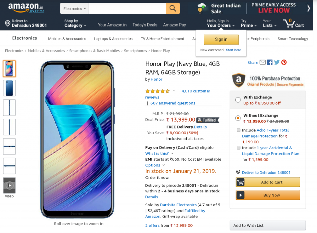 Honor Play on Amazon with discounted price