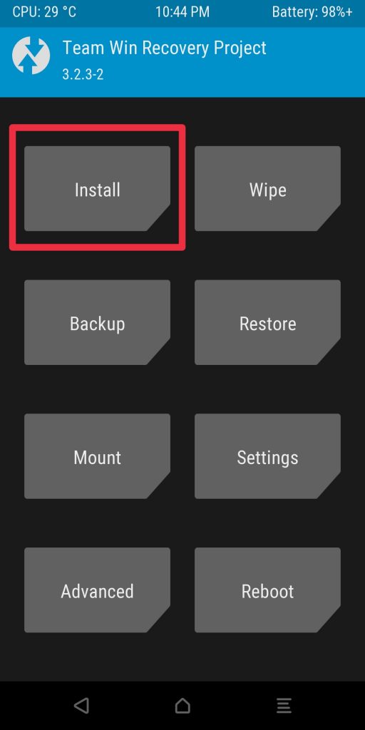 TWRP Recovery Main Menu